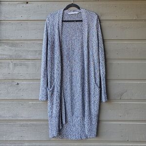 Athleta Weekend Wrap Open Front Cardigan Long Sweater With Pockets Blue White M